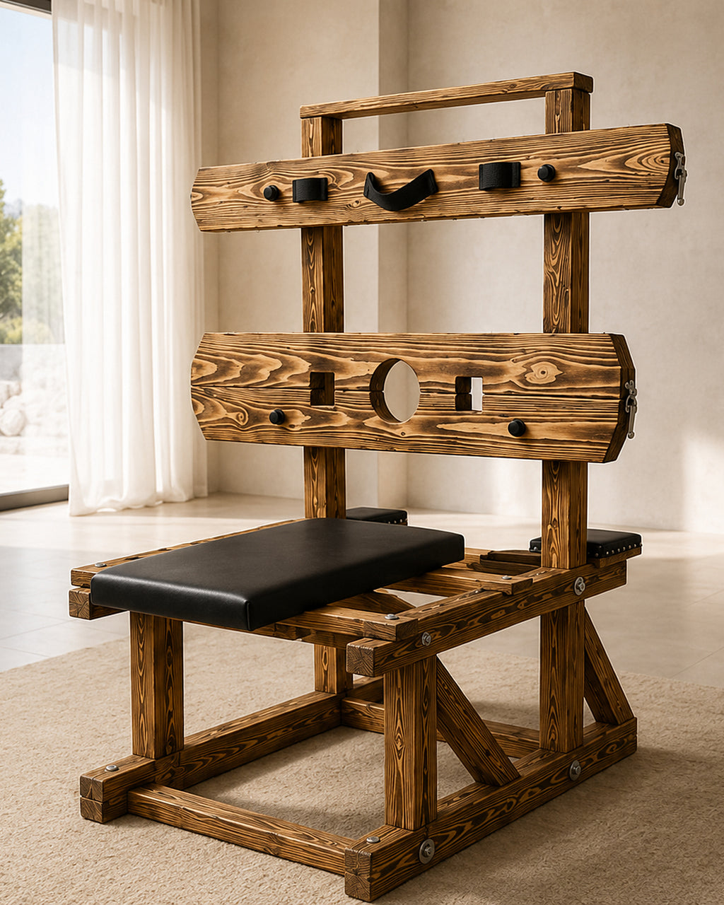 Wooden pillory bench in burnt wood finish with black padded supports