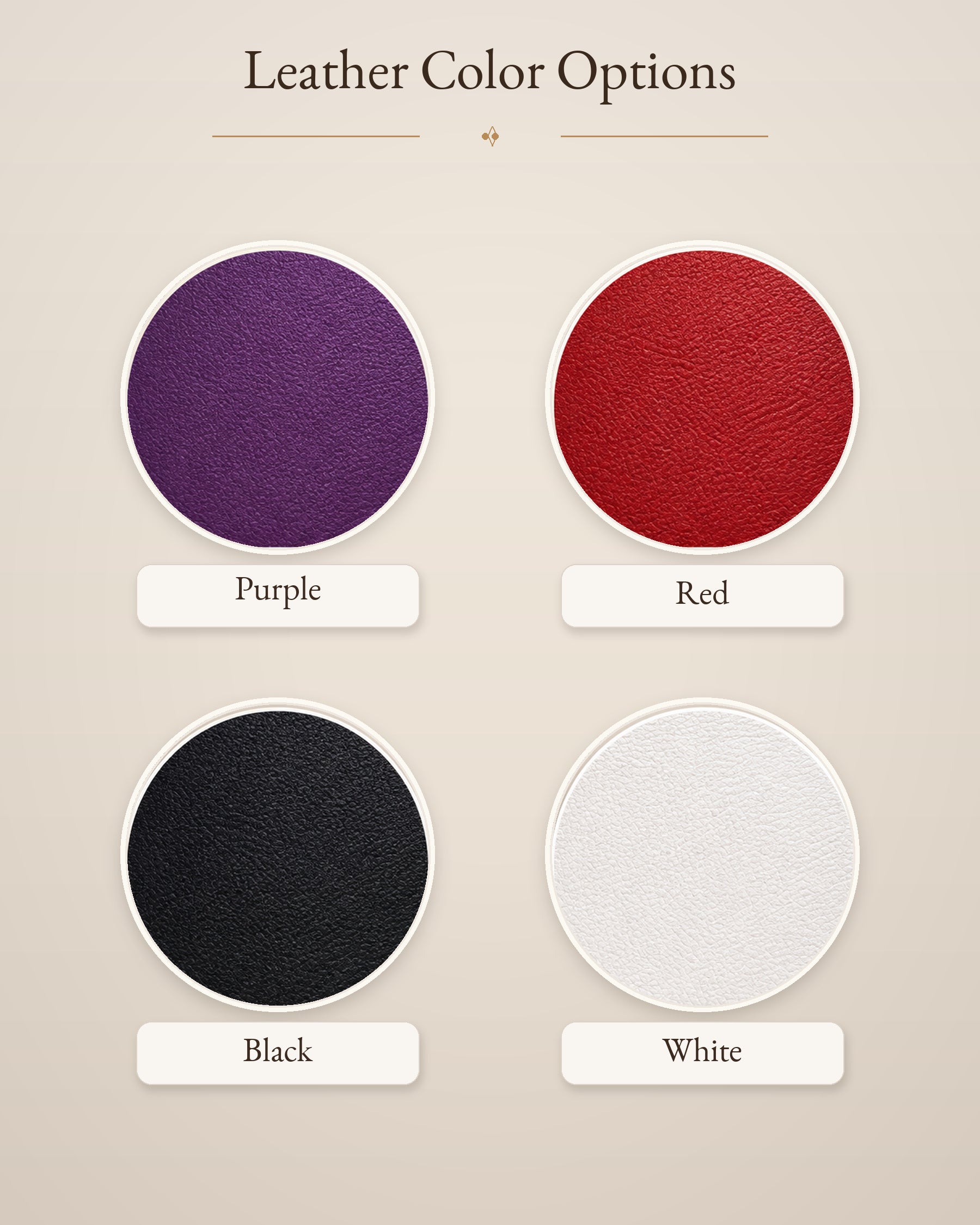 Available upholstery colors in purple, red, black and white