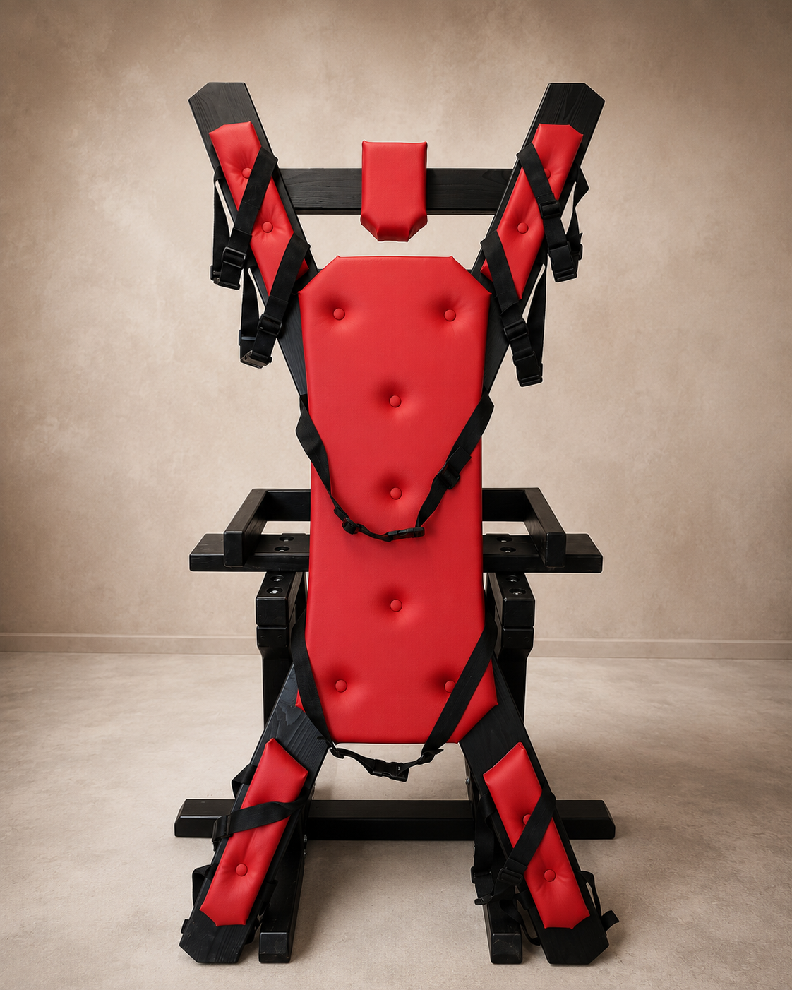 Front view of a freestanding rotating St. Andrew’s Cross with red padding, black straps, and a black spruce wood frame