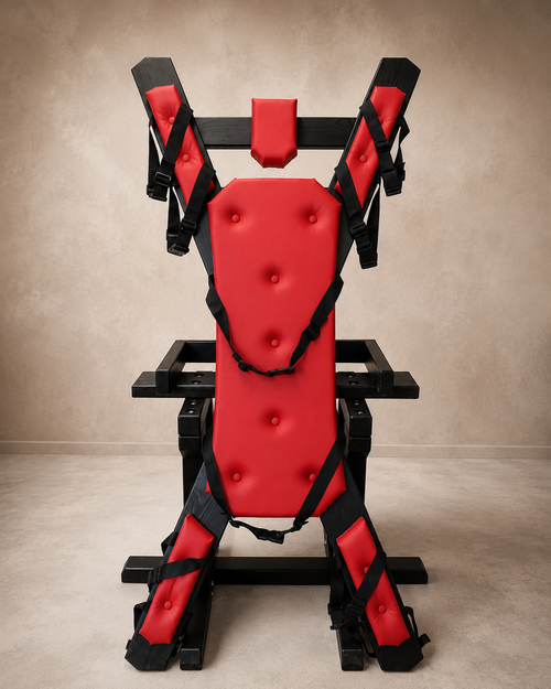 Front view of a freestanding rotating St. Andrew’s Cross with red padding, black straps, and a black spruce wood frame