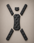 Black upholstered modular panels for a wall-mounted St. Andrew’s Cross, arranged as a complete six-piece set on a beige background