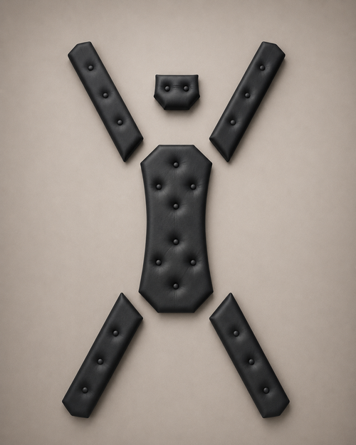 Black upholstered modular panels for a wall-mounted St. Andrew’s Cross, arranged as a complete six-piece set on a beige background
