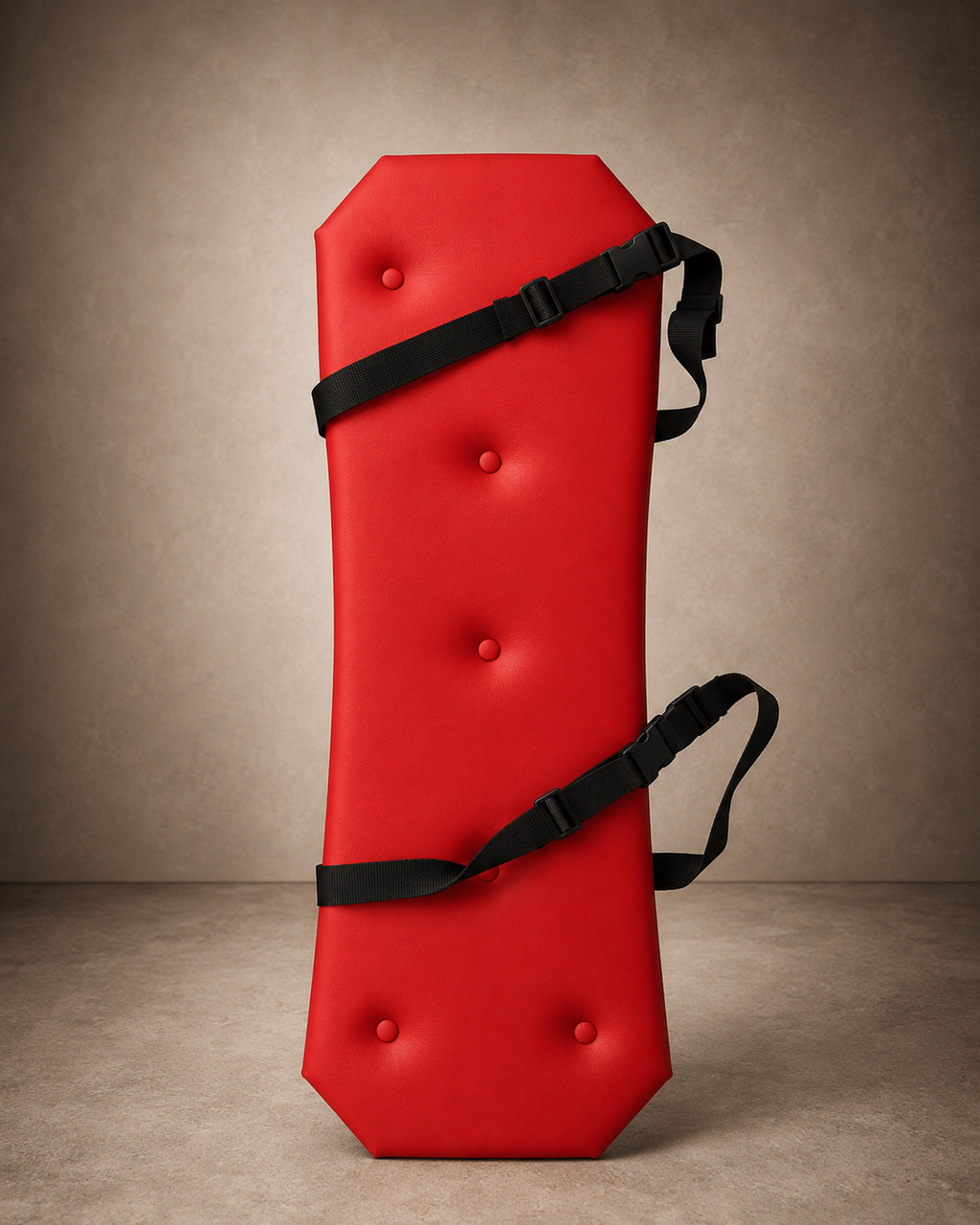Rear view of the central padded support panel with red eco-leather upholstery and two adjustable black straps