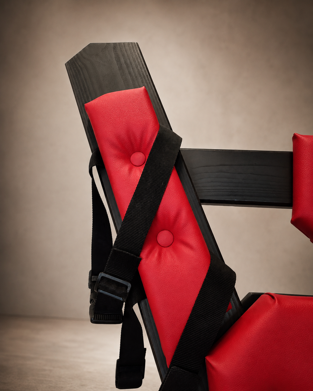 Close-up of the left upper padded arm with red eco-leather upholstery, black straps, and a black wooden frame